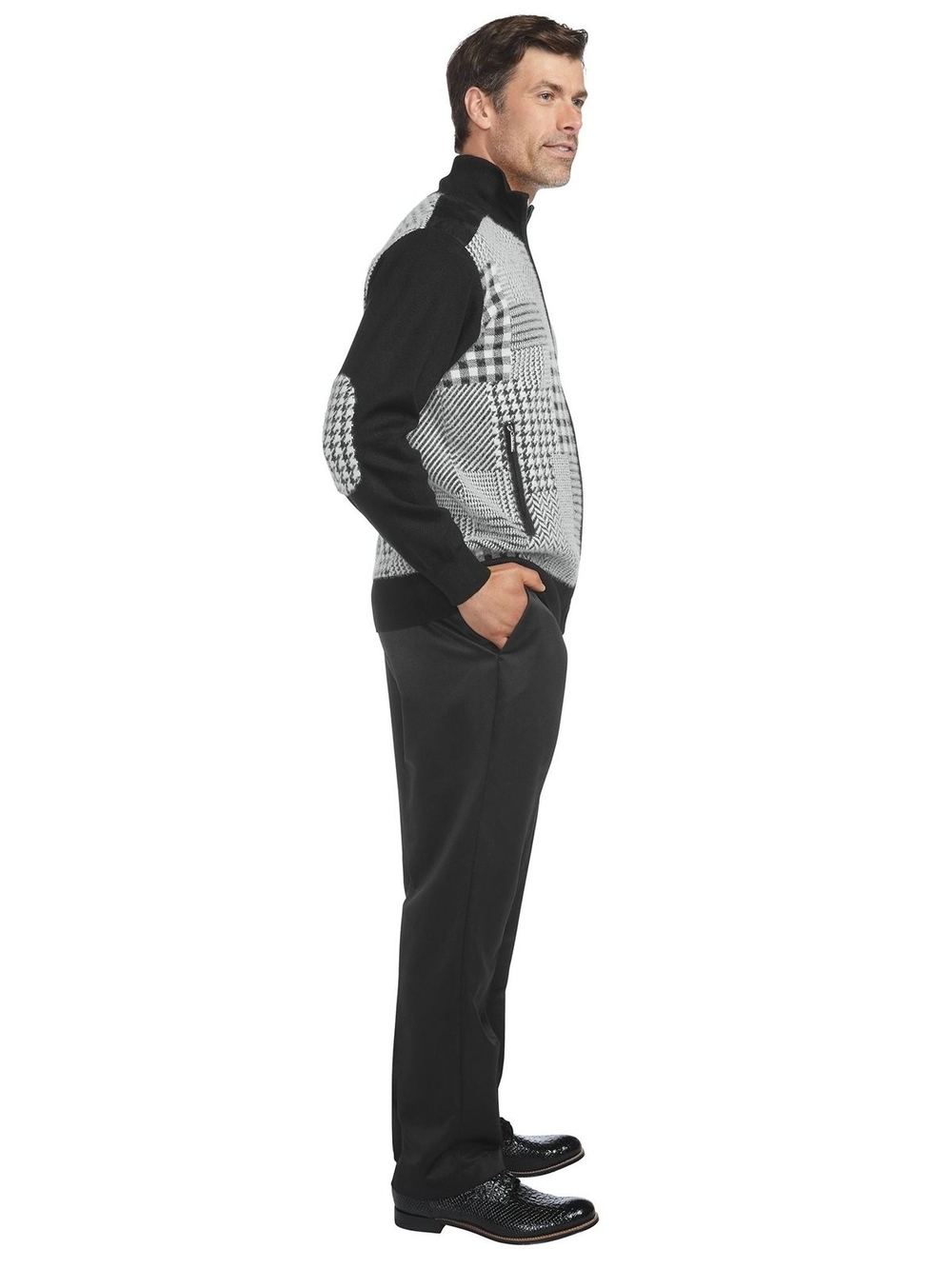 Stacy Adams Black and White Houndstooth Zip-Up Cardigan